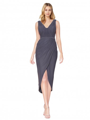 Vendeurs de Gris ardoise Sirène Col V Mousseline Courte Asymétrique Robes demoiselle d'honneur / Robes de soirée / Robes de bal
